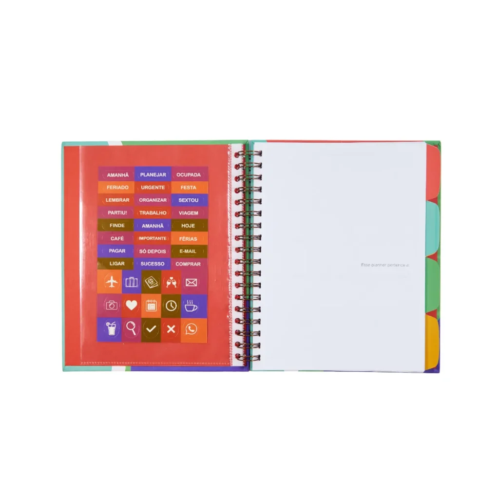 Capa interna de um planner colorido com ícones