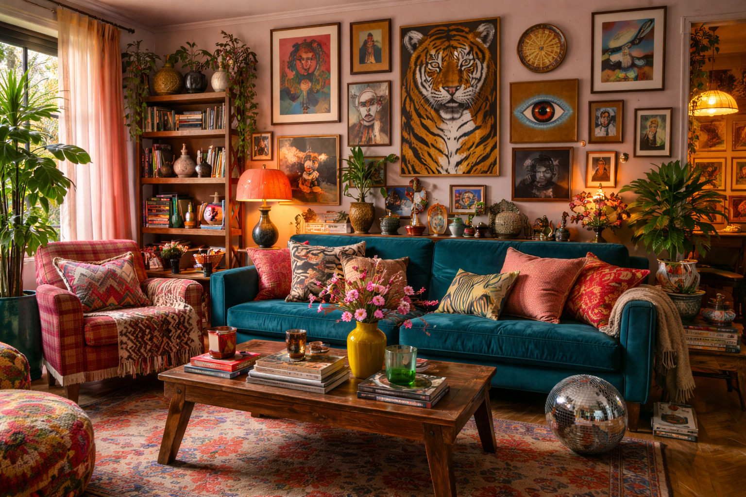 Decoração maximalista afetiva em sala de estar com objetos, quadros e cores