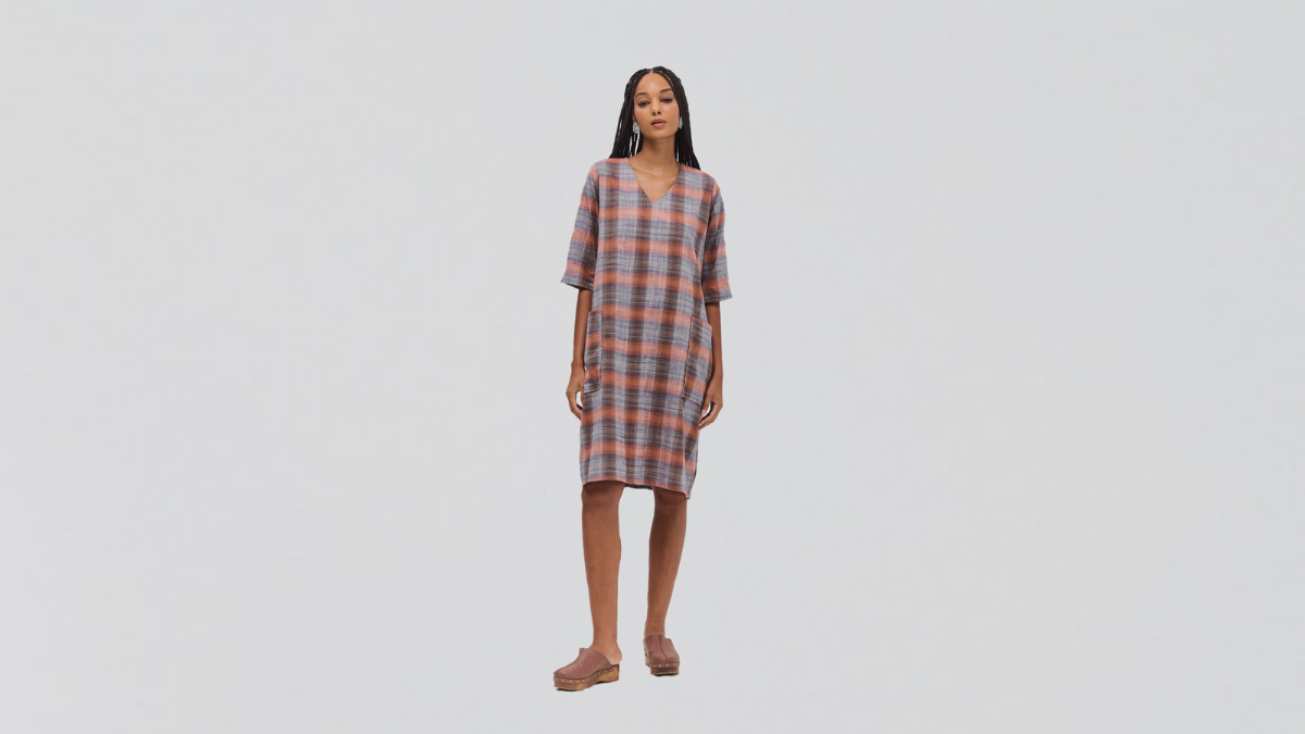 Vestido Decote V com Bolso Xadrez AZUL/COBRE